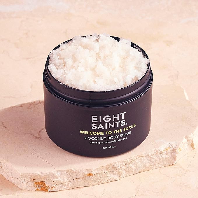 Eight Saints Welcome to the Scrub Coconut Body Scrub, Sugar Scrub for Acne, Cellulite, Deep Cleansing, Scars, Wrinkles, Exfoliate & Moisturize Skin, with Cane Sugar, Coconut Oil, & Vitamin E, 8 Ounces