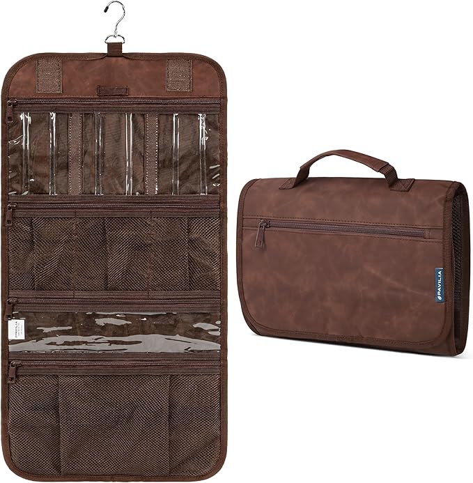 PAVILIA Hanging Toiletry Bag for Women Men, Large Foldable Toiletries Organizer with Hook, Water-Resistant Makeup Cosmetic Rollup Case, Clear Pockets for Bathroom, Gym, Cruise (Brown)