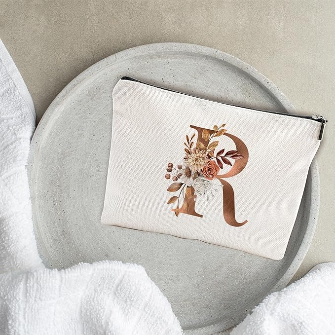 YKYENR A-Z Boho Personalized Cosmetic Bag-Floral Cotton Letter Makeup Bag With Zipper-Artistic Cosmetic Bag For Travel-Bride,Birthday Gift For Women Daughter Friends-Women Makeup Organizer-A18