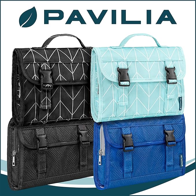 PAVILIA Travel Hanging Toiletry Bag for Women Men, Extra Large Capacity Makeup Bag Kit, Waterproof Cosmetic Storage Organizer Case for Bathroom Shower, Black Chevron