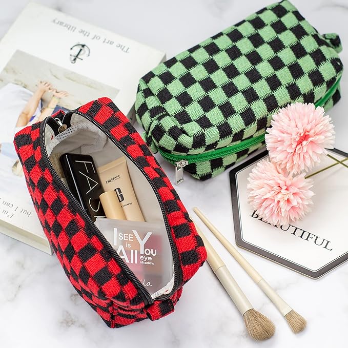 Checkered Makeup Bag for Purse, Small Travel Cosmetic Pouch,Red Black