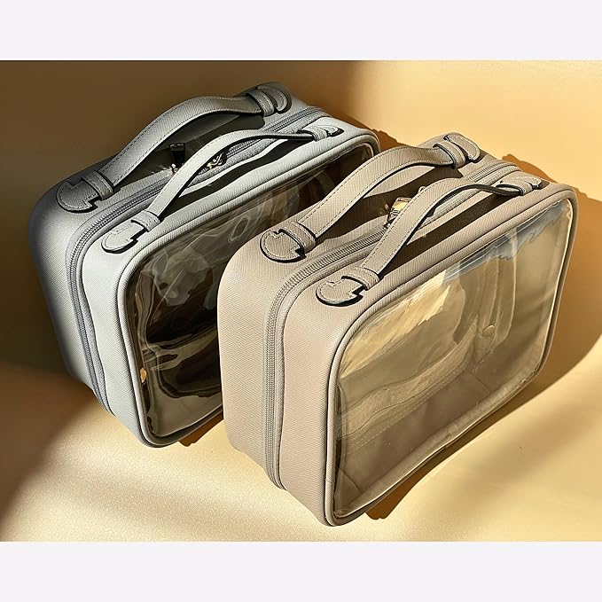 JAZD Clear Makeup Bag Toiletry Bag for Women Cosmetic Case Large Capacity Travel Make Up Bag Organizer Transparent Storage Compartment TSA Approved (BEIGE)