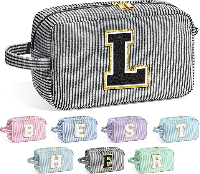 YOOLIFE Birthday Gifts for 6 7 8 9 10 11 12 13 14 15 Year Old Teen Girl - Initial Makeup Bag Letter Toiletry Pouch Cosmetic Case, Personalized Teen Girl Gifts Trendy Stuff Party Favor, Black L