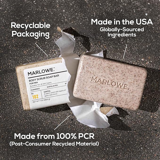 MARLOWE. Body Scrub Soap, Exfoliating Soap Bar, Santal, 7 oz (12 Bars)