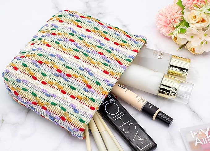 Flat Makeup Bag for Women,Zipper Cosmetic Pouch for Purse,Rainbow Dot