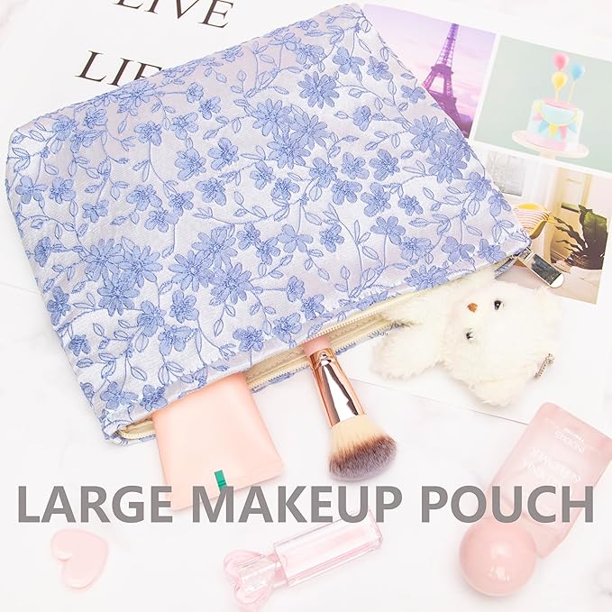 Flat Makeup Bag for Women,Zipper Cosmetic Pouch for Purse,Brocade Silver