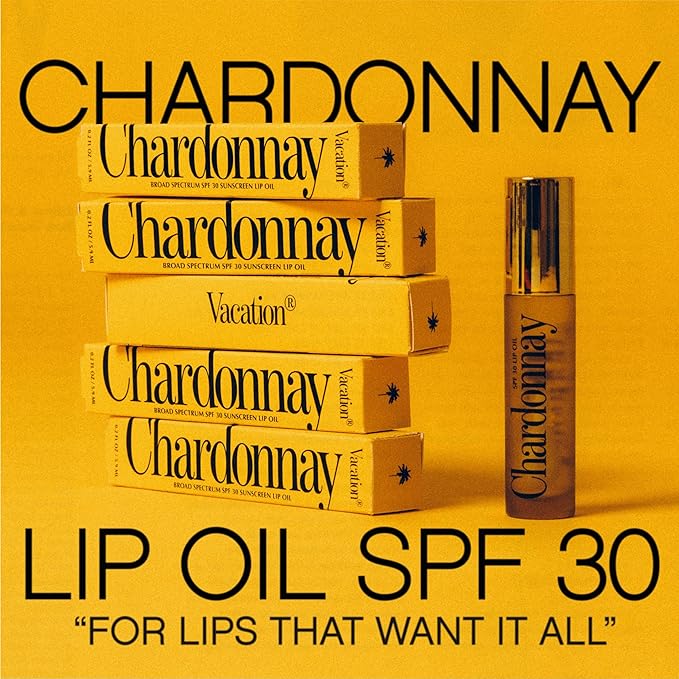 Vacation Chardonnay Lip Oil SPF 30, 0.2 Fluid Ounces - Hydrating SPF Lip Balm, Caramel Vanilla Flavor, Plumping Gloss, Sunscreen, Non-Sticky
