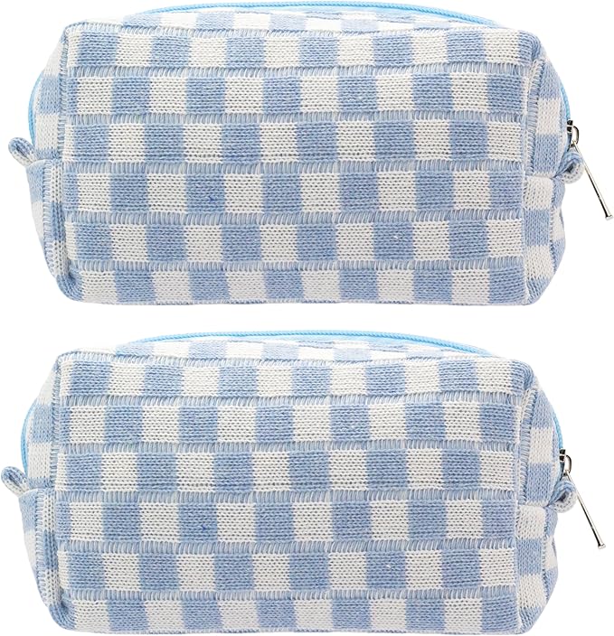 Checkered Makeup Bag for Purse, Small Travel Cosmetic Pouch,Blue,2 Pack