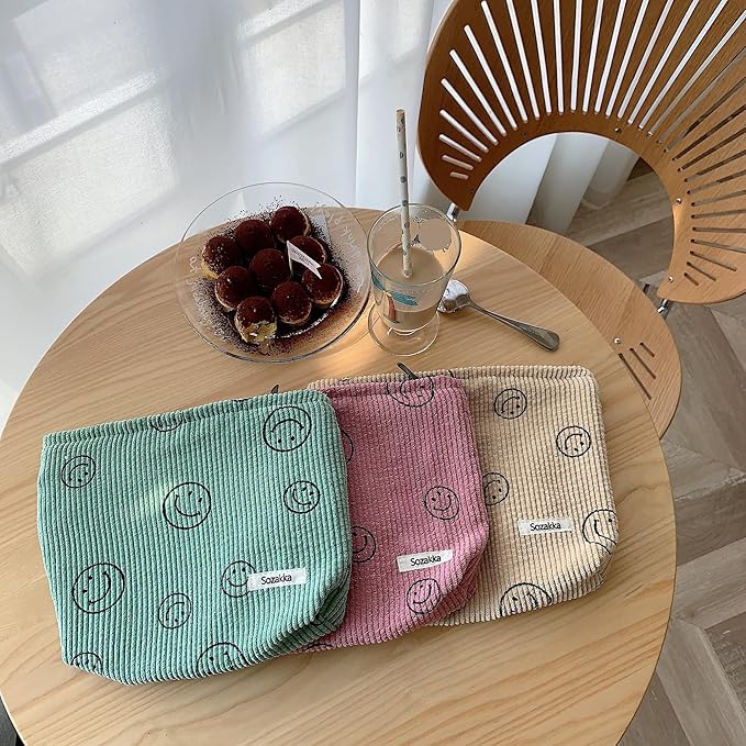 Gardsell Cosmetic Bags for Women - Corduroy Cosmetic Bag Aesthetic Women Handbags Purses Smile Dots Makeup Organizer Storage Makeup Bag Girls Case Bags (A-Green)