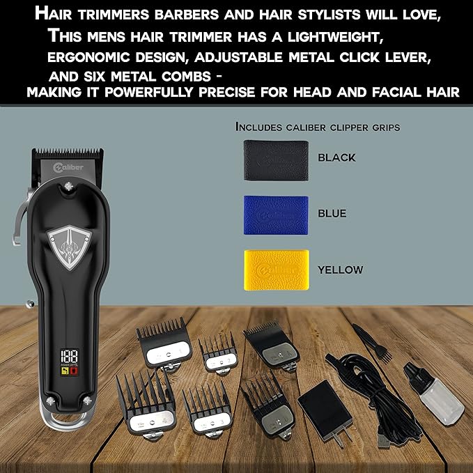 Caliber.44 Magnum FMJ rdless Clipper Kit - Professional Mens Clippers for Hair, Beard and Muache - Rechargeable Grooming Electric Razor – Bundled with Caliber No Slip Clipper Grips,4 Piece Set