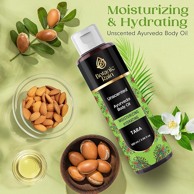 Botanic Rain Unscented Ayurveda Body Oil After Shower for Dry & Crepey Skin – Non-Greasy Lightweight Moisturizer for Women & Men, 3.38 fl oz (2, Unscented)