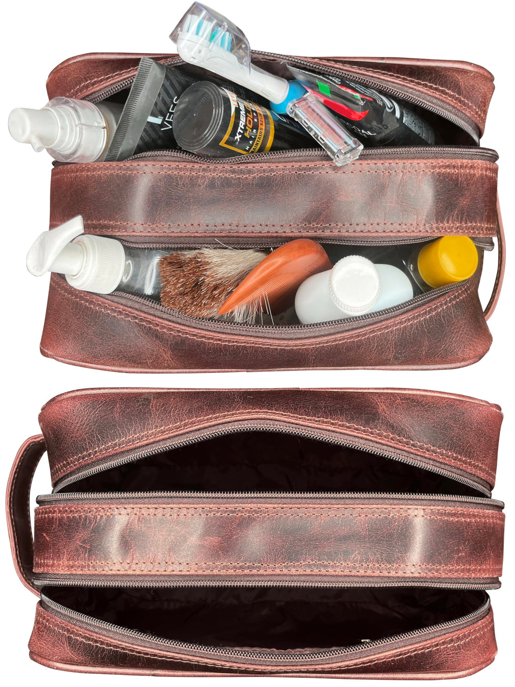 RUSTIC TOWN Leather Toiletry Bag for Men - Travel Shaving Ditty Kit - Bathroom Shower Toiletries Organizer - Leather Cosmetic Bag for Women (Walnut Brown)