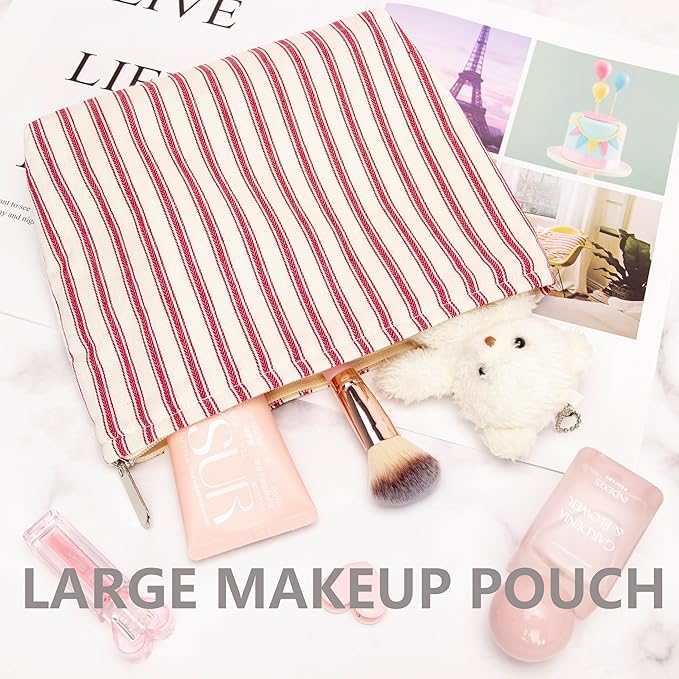 Flat Makeup Bag for Women,Zipper Cosmetic Pouch Purse,Vintage Stripe Red