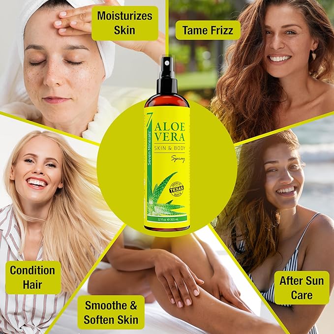 Seven Minerals, Aloe Vera Spray for Body & Hair - From Freshly Cut Organic Aloe (99%), Extra Strong, Easy to Apply, No Thickeners So It Absorbs Rapidly, No Sticky Residue - Made in USA (12 fl oz)