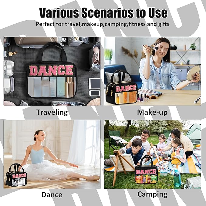 BuyCard Dance Chenille Letter Bags Clear Makeup Bag for Travel, Dance Gift Cosmetic Pouch with Handles and Zipper, Nylon & PVC Waterproof Large Dance Accessories Toiletry Purse Storage Bag for Women