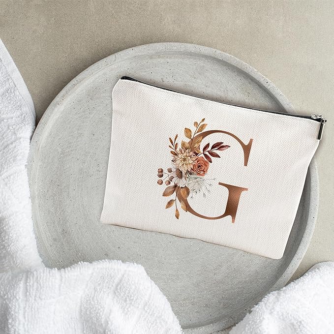 YKYENR A-Z Boho Personalized Cosmetic Bag-Floral Cotton Letter Makeup Bag With Zipper-Artistic Cosmetic Bag For Travel-Bride,Birthday Gift For Women Daughter Friends-Women Makeup Organizer-A07