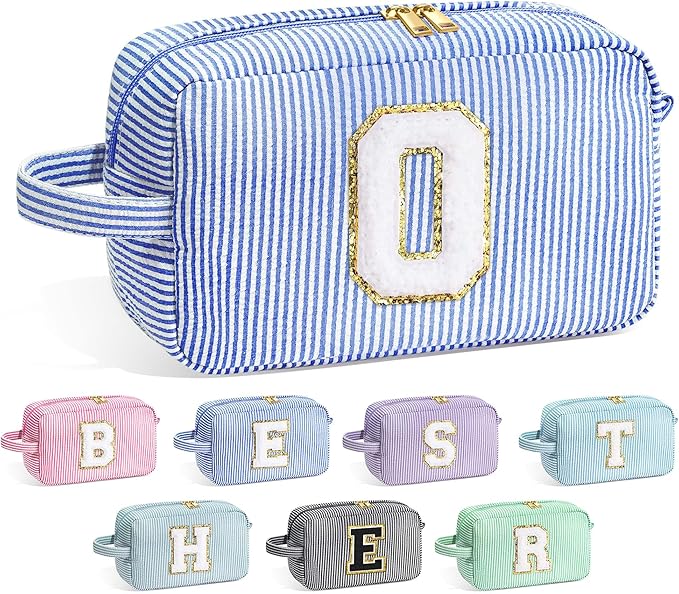YOOLIFE Initial Makeup Bag for Women - Monogram Cute Makeup Bag Cosmetic Case Toiletry Pouch for Women Her Best Friend Sister Teacher, Personalized Birthday Gifts for Women, Blue O