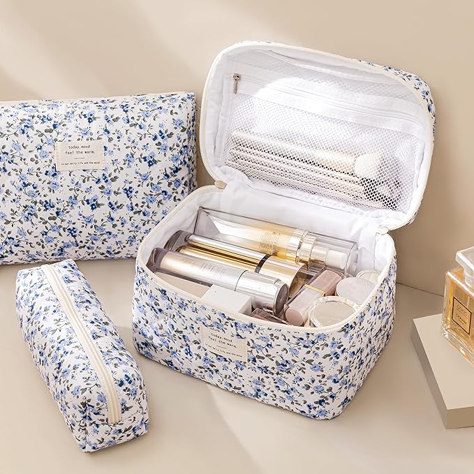 HBselect Quilted Makeup Bag, 3Pcs Cotton Large Travel Makeup Bags Organizer