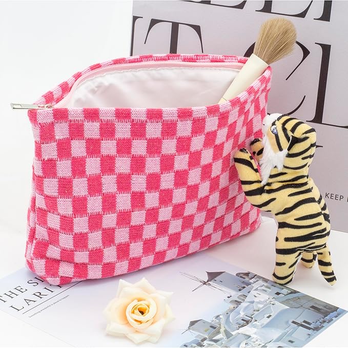 PAZIMIIK Checkered Makeup Bag for Purse, Small Flat Cosmetic Pouch,Hotpink