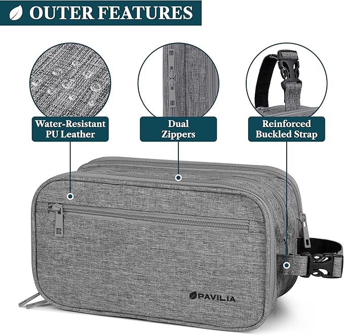 PAVILIA Toiletry Bag for Men, Travel Toiletries Bag | Water-resistant Dopp Kit, Shaving Pouch Organizer for Accessories, Cosmetic, Hygiene, Grooming Essentials (Heather Grey)