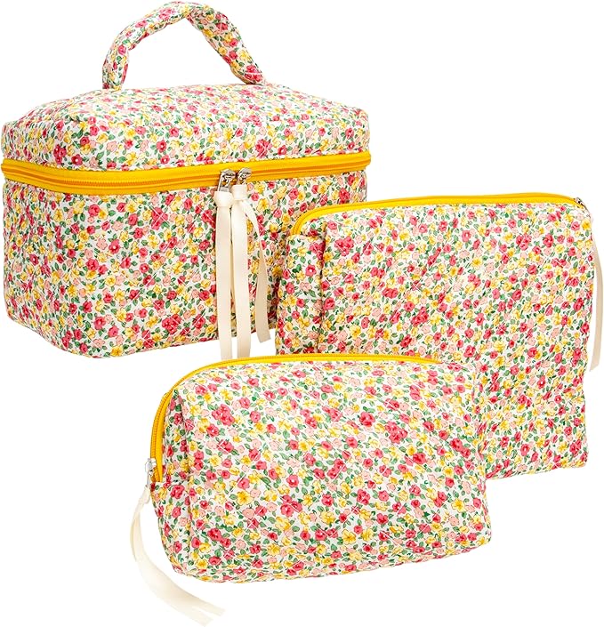 3 Piece Quilted Makeup Bag Set for Women,Cosmetic&Toiletry,Little Flower