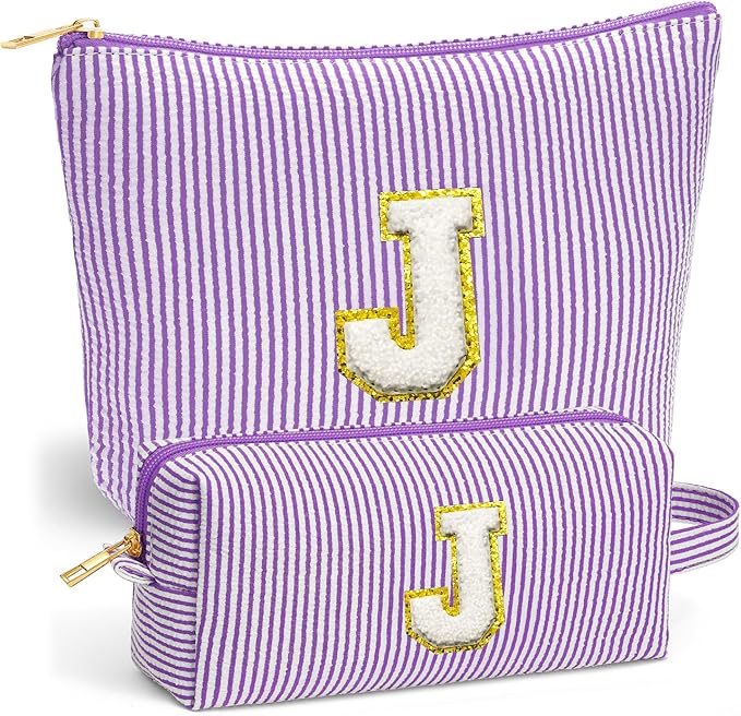 Fohufo Travel Essentials - Portable Travel Toiletry Bag for Women, Initial Makeup Kit Organizer Make up Cosmetic Bag Set Purple Stuff Birthday Gifts for Women Daughter Mom, Purple Letter J