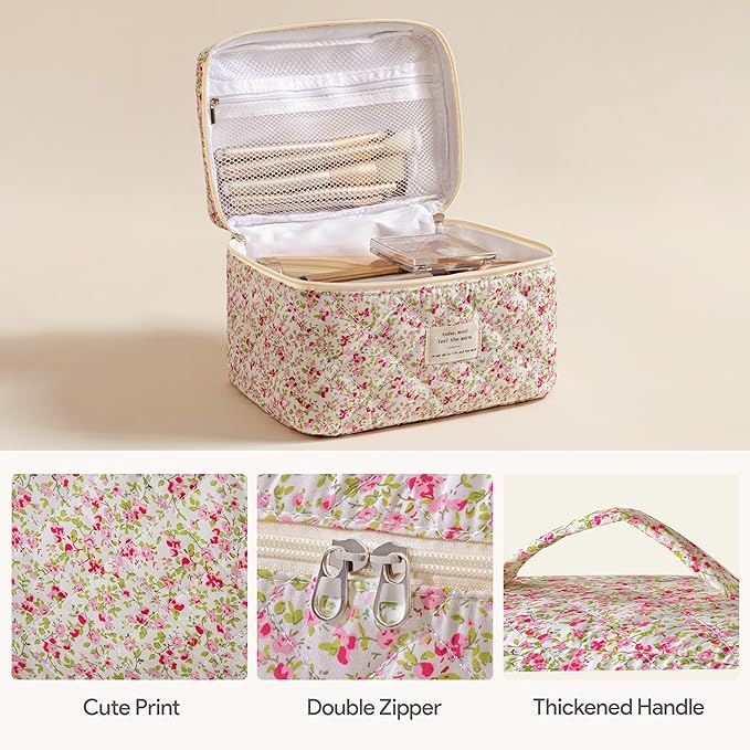 HBselect Quilted Makeup Bag, 3Pcs Cotton Large Travel Makeup Bags Organizer