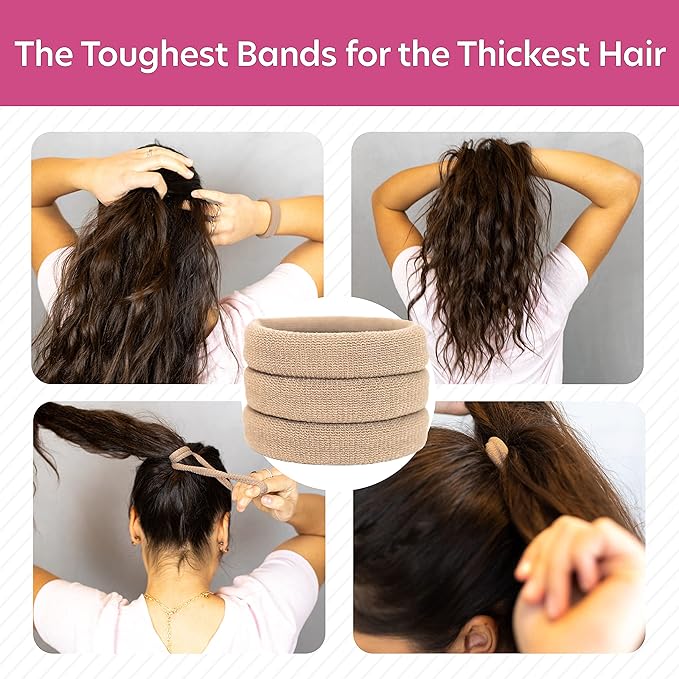 Burlybands Elastic Hair Ties No Damage for Thick Hair, Light Brown 3 Pack