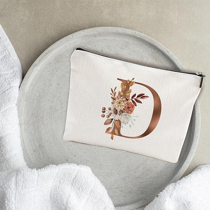 YKYENR A-Z Boho Personalized Cosmetic Bag-Floral Cotton Letter Makeup Bag With Zipper-Artistic Cosmetic Bag For Travel-Bride,Birthday Gift For Women Daughter Friends-Women Makeup Organizer-A04