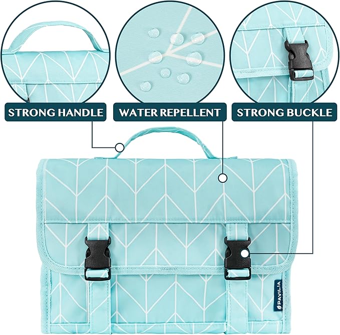 PAVILIA Travel Hanging Toiletry Bag for Women Men, Large Capacity Makeup Bag Kit, Waterproof Cosmetic Storage Organizer Case for Bathroom Shower, Teal Chevron