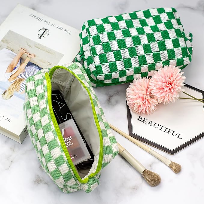 Checkered Makeup Bag for Purse, Small Cosmetic Pouch,Light Green,6 Pack