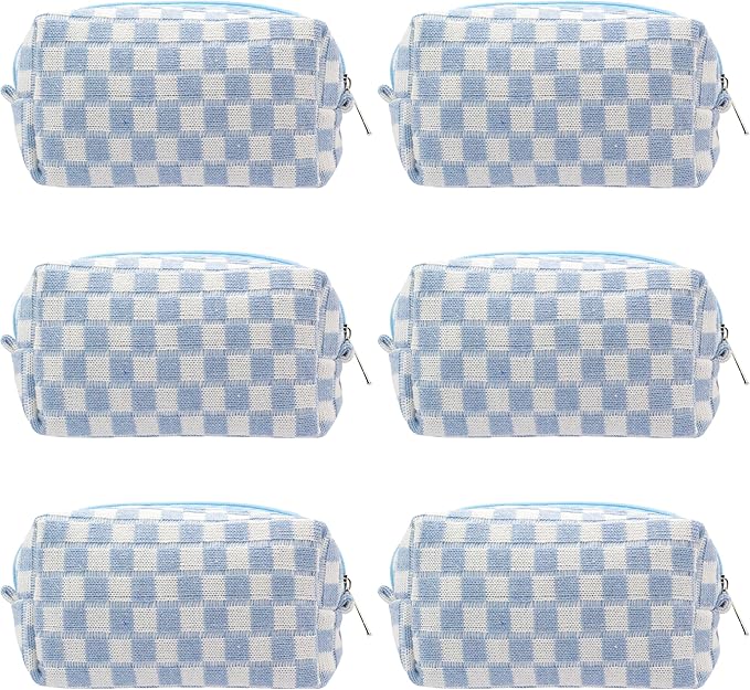 Checkered Makeup Bag for Purse, Small Travel Cosmetic Pouch,Blue,6 Pack