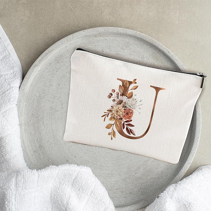 YKYENR A-Z Boho Personalized Cosmetic Bag-Floral Cotton Letter Makeup Bag With Zipper-Artistic Cosmetic Bag For Travel-Bride,Birthday Gift For Women Daughter Friends-Women Makeup Organizer-A21