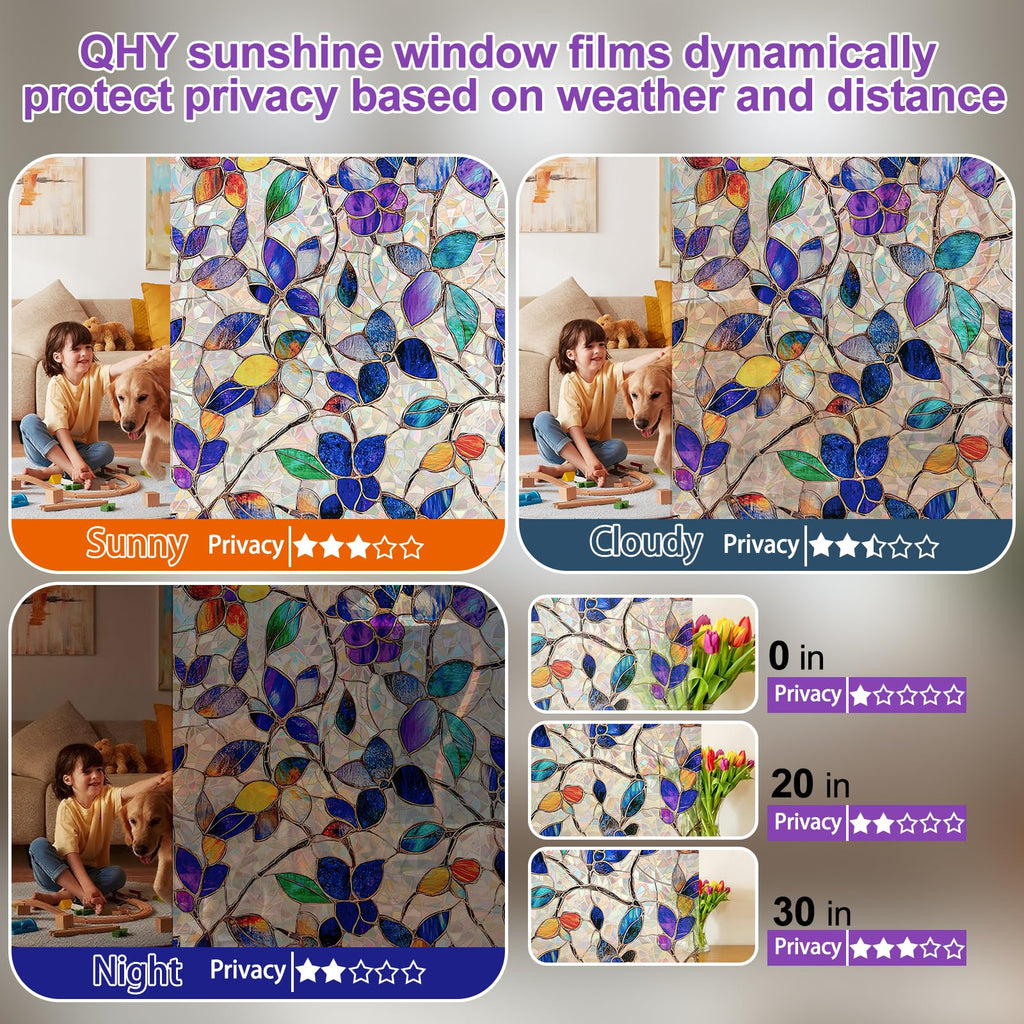 QHYsunshine Stained Glass Window Privacy FilmDecorative Rainbow Static Clings -ldeal for Home &Office,Adhesive-Free,Removable, Uv-Blocking (Purple Rainbow, 45.2 X 157.4 in)