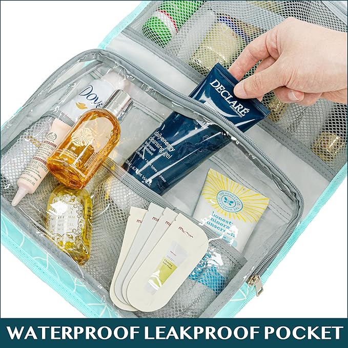 PAVILIA Travel Hanging Toiletry Bag for Women Men, Large Capacity Makeup Bag Kit, Waterproof Cosmetic Storage Organizer Case for Bathroom Shower, Teal Chevron