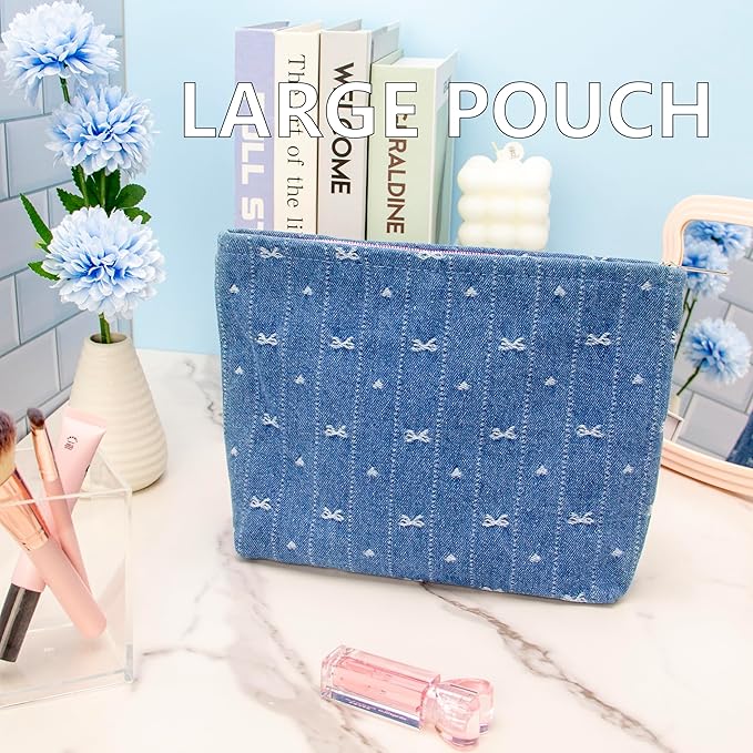 Flat Makeup Bag for Women,Zipper Cosmetic Pouch for Purse,Jean Blue