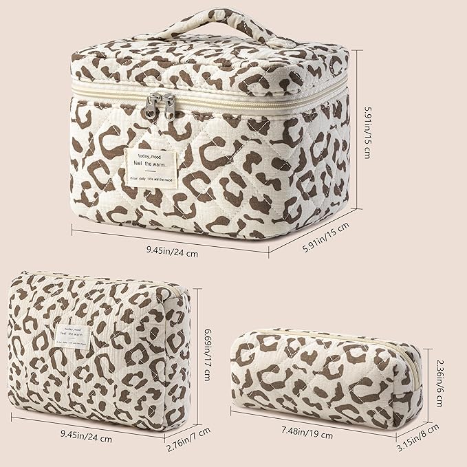 HBselect Quilted Makeup Bag, 3Pcs Cotton Large Travel Makeup Bags Organizer