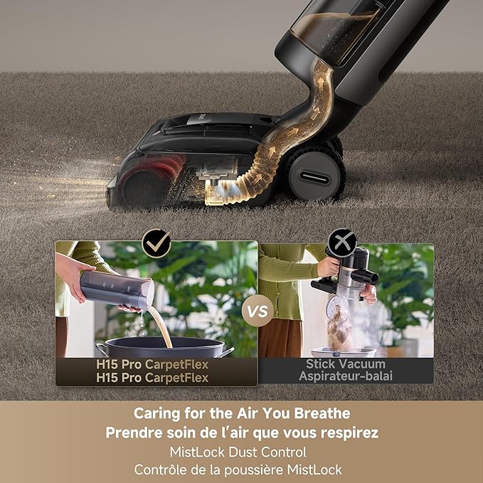 DREAME H15 Pro CarpetFlex Cordless Vacuum Mop, Wet Dry Vacuum Cleaner with Dual Brushes for Hard Floors & Carpet, Tangle-Free Hair-Cutting, 23kPa Suction, 180° Lie-Flat Floor Washer, 194°F Fast Drying