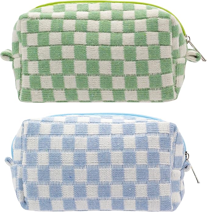 Checkered Makeup Bag for Purse, Small Cosmetic Pouch,Blue Green,2 Pack