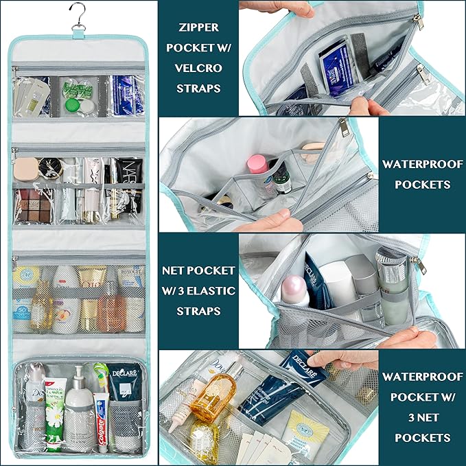PAVILIA Travel Hanging Toiletry Bag for Women Men, Large Capacity Makeup Bag Kit, Waterproof Cosmetic Storage Organizer Case for Bathroom Shower, Teal Chevron
