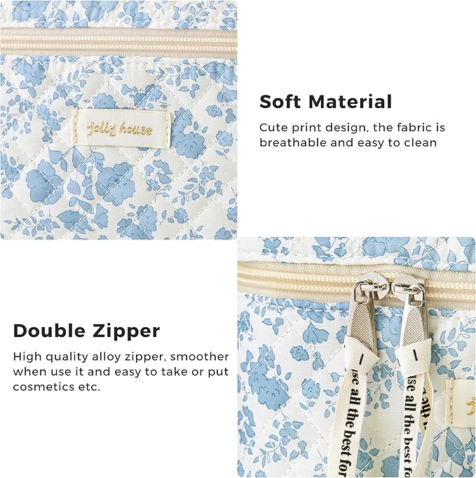 HBselect Quilted Makeup Bag, 3Pcs Cotton Large Travel Makeup Bags Organizer