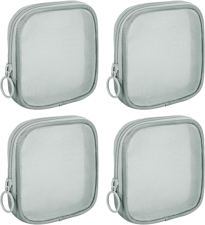 Sinzip 4 Pieces Mini Zipper Nylon Mesh Pouch, Mesh Cosmetic Bags Makeup Bags, Multipurpose Travel Toiletry Bags for Office Supplies and Travel Accessories (Grey, S)