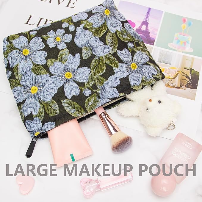 Flat Makeup Bag for Women,Zipper Cosmetic Pouch Purse,Brocade Flower Black