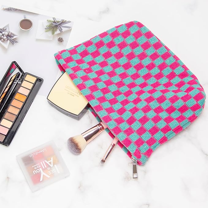 Checkered Makeup Bag for Purse, Small Flat Cosmetic Pouch,Magenta Green