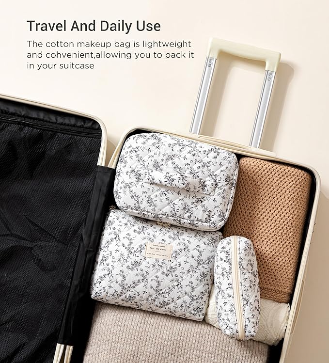 HBselect Quilted Makeup Bag, 3Pcs Cotton Large Travel Makeup Bags Organizer