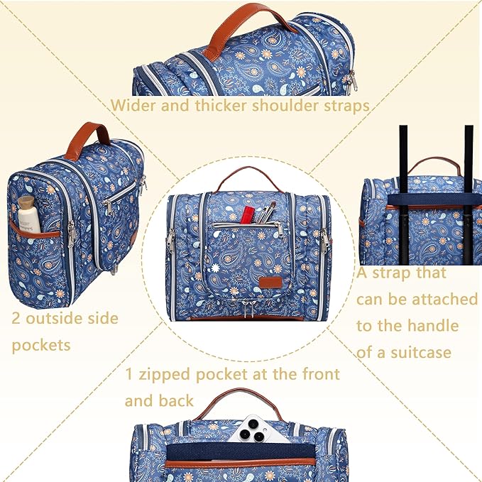 Perlvin Alinne Hanging Toiletry Bag for Women, Travel Makeup with Metal Swivel Hook, Organizer for Full Sized Cosmetics and Toiletries,Water-Resistant Nylon,Paisley Floral