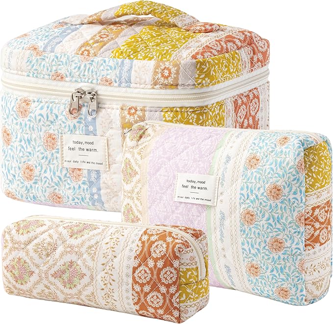 HBselect Quilted Makeup Bag, 3Pcs Cotton Large Travel Makeup Bags Organizer