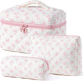 HBselect Quilted Makeup Bag, 3Pcs Cotton Large Travel Makeup Bags Organizer