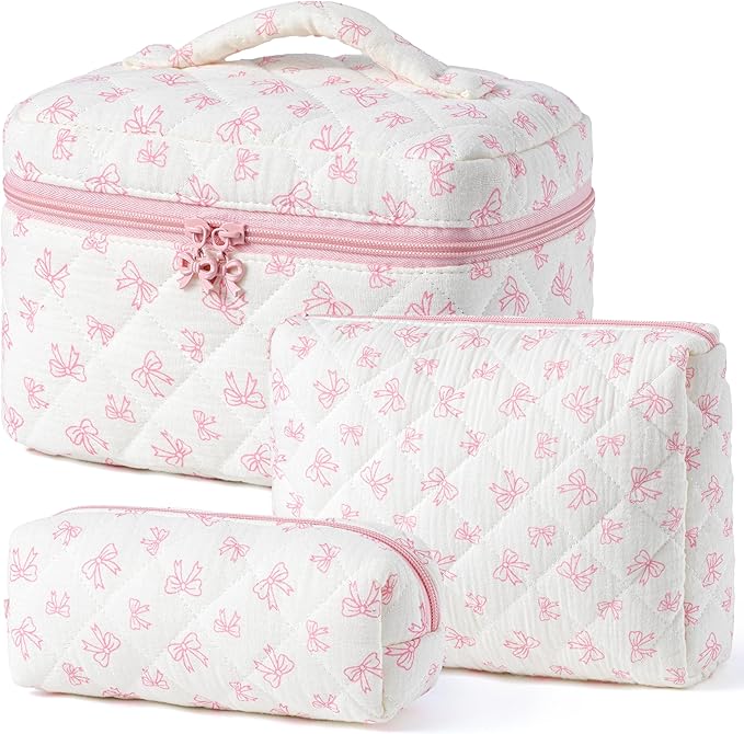 HBselect Quilted Makeup Bag, 3Pcs Cotton Large Travel Makeup Bags Organizer
