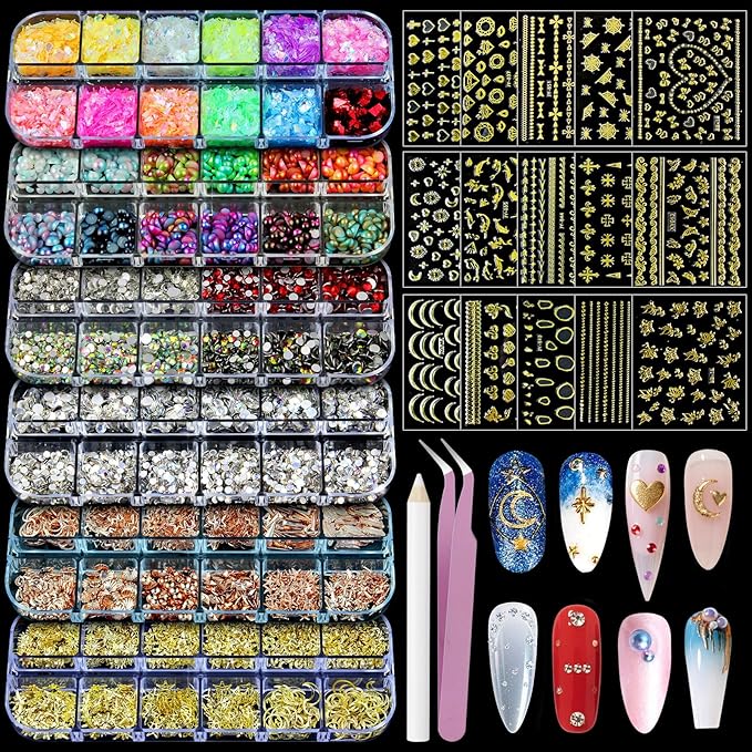 Artdone Nail Art Glitter Studs Kit, 6 Boxes Multicolor and Design 3D Charms with 15 Sheets Gold Nail Stickers, Diamond Cute Nail Jewels for DIY Decoration with Pickup Tools